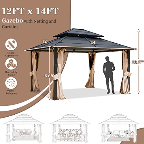 12' x 14' Metal Gazebo W/Double Roof, Anti-Rust Coating Iron Hardtop Sun Shade Shelter Outdoor Canopy & Pergolas w/Curtains and Netting, Steel Grill Gazebo for Patio Garden Lawn Deck, w/Hook Design