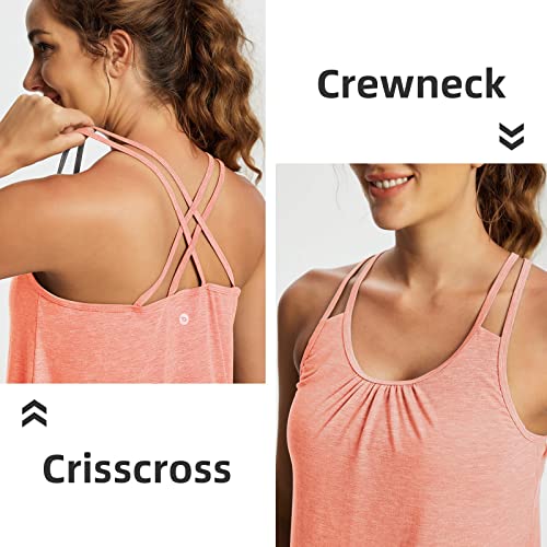 BALEAF Women's Workout Tank Tops with Built in Bras Flowy Loose Fit Summer Yoga Exercise Tops Heather Coral L