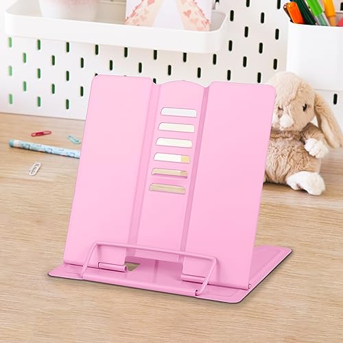 Honagu Mini Book Stand Book Holder Metal Desk Book Stand for Reading Hands Free, Adjustable Cookbook Documents Holder, Portable Bookstand for Music Books, Textbook, Recipe,Tablet, Ipad(Pink)