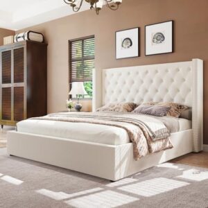 PaPaJet Lift Up Storage Bed King Size Upholstered Platform Bed Frame Button Tufted Wingback Headboard Hydraulic Lifting Storage Underneath/Wood Slats Support/Easy Assembly/Cream