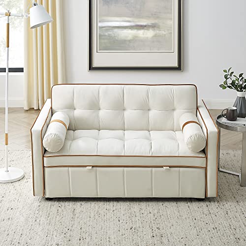 Holaki 55.5" Modern Pull Out Sleep Sofa Bed,Convertible Velvet Sofa Bed 2 Seater Loveseats Sofa Couch with Side Pockets, Adjsutable Backrest and Lumbar Pillows for Apartment Office Living Room(Beige)
