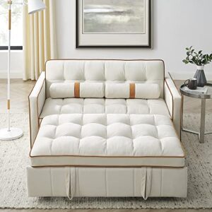 Holaki 55.5" Modern Pull Out Sleep Sofa Bed,Convertible Velvet Sofa Bed 2 Seater Loveseats Sofa Couch with Side Pockets, Adjsutable Backrest and Lumbar Pillows for Apartment Office Living Room(Beige)