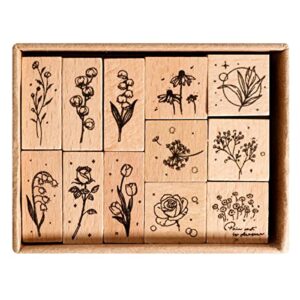 12 pieces wooden rubber stamps, vintage plant & flower patterns wooden stamps decorative set for diy craft, letters diary, scrapbook painting card making