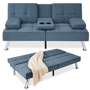 best choice products linen upholstered modern convertible folding futon sofa bed for compact living space, apartment, dorm, bonus room w/removable armrests, metal legs, 2 cupholders - blue