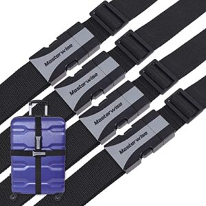 masterwise luggage straps, 79” adjustable luggage straps for suitcases tsa approved travel belt suitcase strap to keep your suitcase secure while traveling (black, 4pcs)
