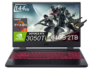 acer nitro 5 gaming laptop (17.3 inches fhd 144hz, amd 8-core ryzen 7 6800h (beat i7-11800h), 64gb ddr5 ram, 2tb ssd, geforce rtx 3050 ti 4gb), backlit kb, webcam, ist cable, win 11 home - black