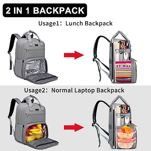 Lunch Backpack for Women, 15.6 inch Laptop Backpack with USB Port, Water Resistant Insulated Cooler Lunch Bag , Travel Work Laptop Bags with Lunch Box for College Work Pincic Camping Beaches, Grey