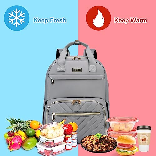 Lunch Backpack for Women, 15.6 inch Laptop Backpack with USB Port, Water Resistant Insulated Cooler Lunch Bag , Travel Work Laptop Bags with Lunch Box for College Work Pincic Camping Beaches, Grey