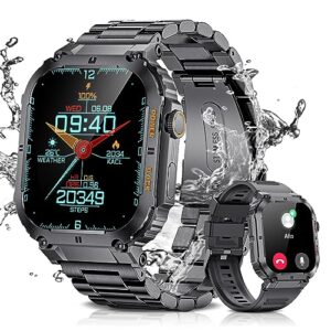 Military Smart Watches for Men with Bluetooth Call,2023 Newest 1.96’’ IP68 Waterproof Tactical Sport Fitness Tracker with Heart Rate, Sleep Monitor,Outdoor Smartwatch for iOS & Android（Black Steel）