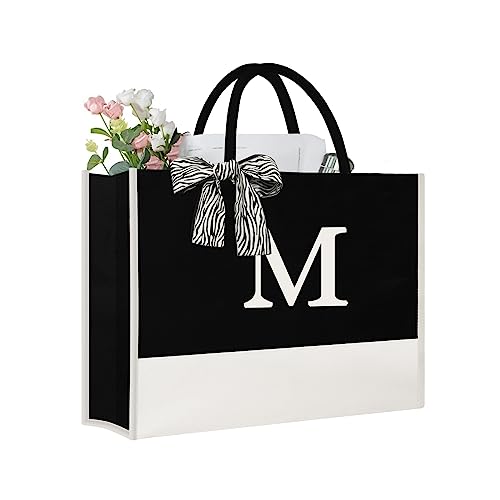 DUOLIYBC Initial Tote Bags for Women,Canvas Tote Bag for Women,Personalized Birthday Gift for Women, Mom, Teachers, Friends,Gift Ideas for Birthday,Wedding,Mother's Day,Beach(Letter M)