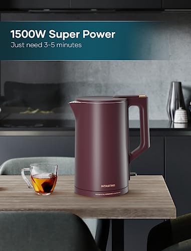 INTASTING Electric Kettle for boiling water Double Wall 100% Stainless Steel Inner 1500W Fast Heating 1.5L Hot Water Boiler Auto Shut-Off & Boil Dry Protection BPA-Free Electric Tea Kettle Red