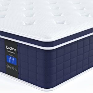 coolvie queen mattresses 14 inch, hybrid queen size mattress in a box, 4 layer premium foam with pocket springs for motion isolation and pressure relieving, medium firm feel, 100-night trial