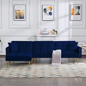 eafurn sectional sleeper, 900 lb heavy duty 107 inch 3 seater l shaped sofa chaise,velvet futon couch modern day bed w/nail head trim for living room small spaces, navy blue