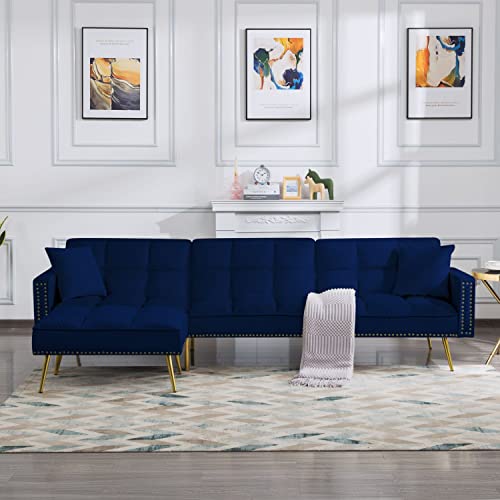 Eafurn Sectional Sleeper, 900 LB Heavy Duty 107 inch 3 Seater L Shaped Sofa Chaise,Velvet Futon Couch Modern Day Bed W/Nail Head Trim for Living Room Small Spaces, Navy Blue