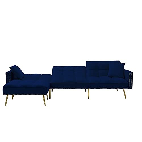 Eafurn Sectional Sleeper, 900 LB Heavy Duty 107 inch 3 Seater L Shaped Sofa Chaise,Velvet Futon Couch Modern Day Bed W/Nail Head Trim for Living Room Small Spaces, Navy Blue