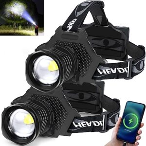 aikertec rechargeable led headlamp 100000 lumen, super bright head lamp flashlight with 5 lighting modes, ipx6 waterproof, zoomable headlamp for camping, hiking, fishing, biking, running (2 pack)