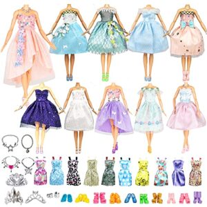 doll clothes and accessories 39 pack, 2023 newest unique & fashion forest fairy dress for dolls, 10 fairy dress, 10 mini dress and 9 accessories, 10 shoes