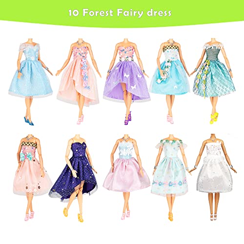 Doll Clothes and Accessories 39 Pack, 2023 Newest Unique & Fashion Forest Fairy Dress for Dolls, 10 Fairy Dress, 10 Mini Dress and 9 Accessories, 10 Shoes