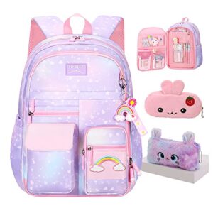 jcobvig kawaii backpack for girls kids,cute student school backpack with pen bag,purple aesthetic starry rainbow laptop travel bag (purple medium 16.5in