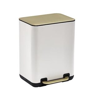 SunnyPoint 6 Liter / 1.58 Gallon Trash Can with Plastic Inner Buckets; Rectangle Bathroom, Office, Kitchen, and Bedroom Step On and Slow Close (WHT+Gold)