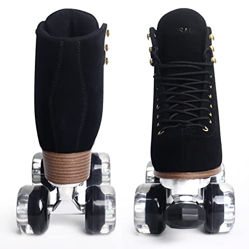 Tuosamtin Genuine Suede Roller Skates for Women Girls or Men with Height Adjustable Rubber Stoppers Retro Quad Roller Skates for Outdoor and Indoor (Black, Women's 9 / Men's 8)