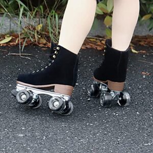 Tuosamtin Genuine Suede Roller Skates for Women Girls or Men with Height Adjustable Rubber Stoppers Retro Quad Roller Skates for Outdoor and Indoor (Black, Women's 9 / Men's 8)