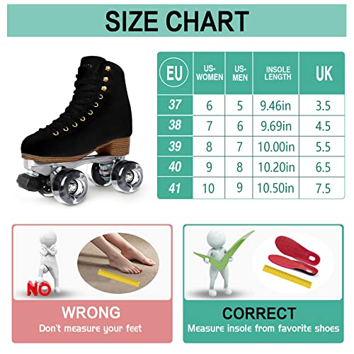 Tuosamtin Genuine Suede Roller Skates for Women Girls or Men with Height Adjustable Rubber Stoppers Retro Quad Roller Skates for Outdoor and Indoor (Black, Women's 9 / Men's 8)