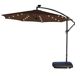 qlyephne round cantilever patio umbrella with solar led lights, offset hanging outdoor sun shade for backyard w/included fillable base, outdoor market umbrella garden umbrella (color : brown)