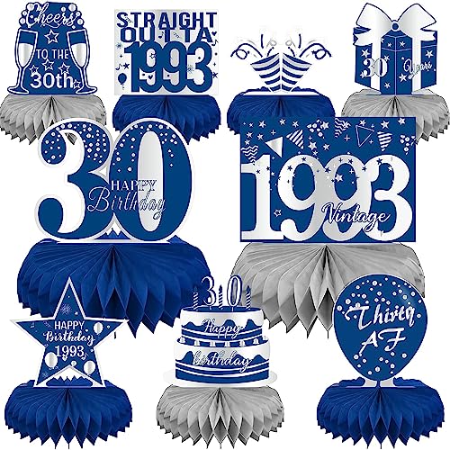 LINAYE 30th Birthday Decorations for Men - Blue and Silver Honeycomb Centerpieces for 30 Year Old Birthday Party 30th Birthday Centerpieces for Table Thirty Birthday Vintage 1993 Decorations Decor