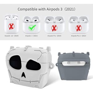 Buewutiry 3D Skull Airpods 3rd Generation Case Cute - Anti-Fall Soft Silicone Airpods 3rd Generation Case for Women&Men - Airpods Case 3rd Generation Funny with Keychain (Gray)