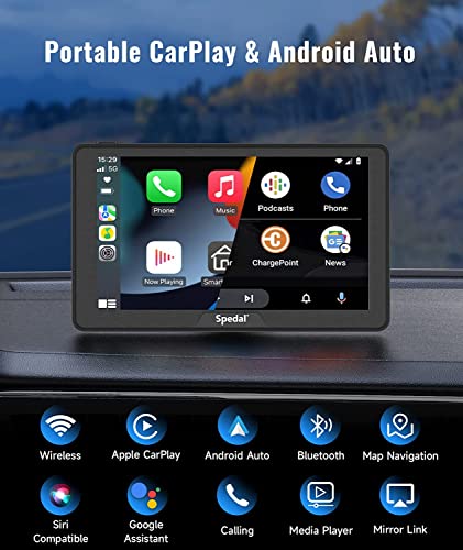 2023 Newest Portable Car Stereo with Wireless CarPlay and Android Auto, Spedal NaviCam-786 Apple CarPlay Dash Mount Car Screen, 7" IPS Touchscreen, Mirror Link/Bluetooth/Navigation/Voice Control