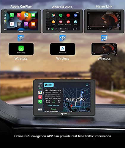 2023 Newest Portable Car Stereo with Wireless CarPlay and Android Auto, Spedal NaviCam-786 Apple CarPlay Dash Mount Car Screen, 7" IPS Touchscreen, Mirror Link/Bluetooth/Navigation/Voice Control