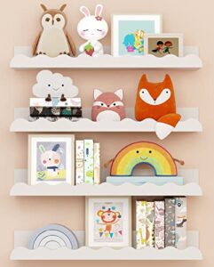 kids' bookshelf set of 4 - white floating nursery book shelves, picture ledge shelf for wall decor and storage - perfect for books, toys, photo frames, and nursery décor