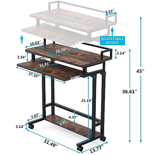 Tribesigns Rolling Portable Computer Desk, Adjustable Height Couch Sofa Table with Pull Out Keyboard Tray for Laptop, Mobile Standing Desk Bed Computer Cart for Small Space (rusti)