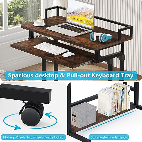 Tribesigns Rolling Portable Computer Desk, Adjustable Height Couch Sofa Table with Pull Out Keyboard Tray for Laptop, Mobile Standing Desk Bed Computer Cart for Small Space (rusti)