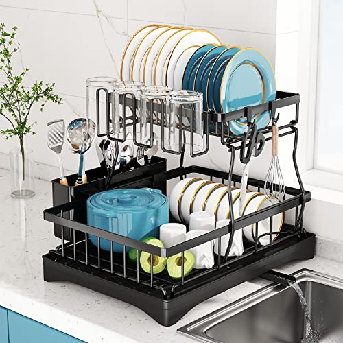 Doitsf Dish Drying Rack, 2 Tier Dish Racks for Kitchen Counter, Large Stainless Steel Kitchen Dish Drying Rack with Drainboard, Detachable Dish Drainers with Utensil Holders