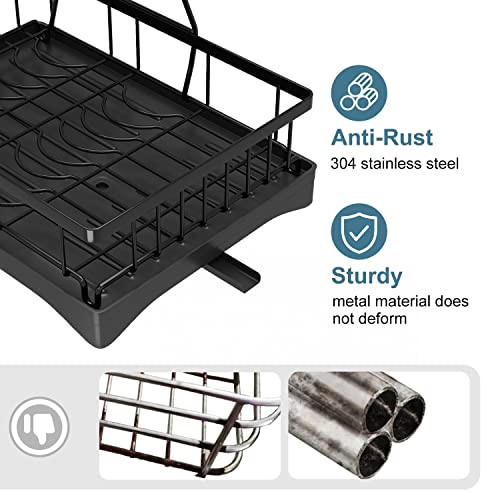 Doitsf Dish Drying Rack, 2 Tier Dish Racks for Kitchen Counter, Large Stainless Steel Kitchen Dish Drying Rack with Drainboard, Detachable Dish Drainers with Utensil Holders