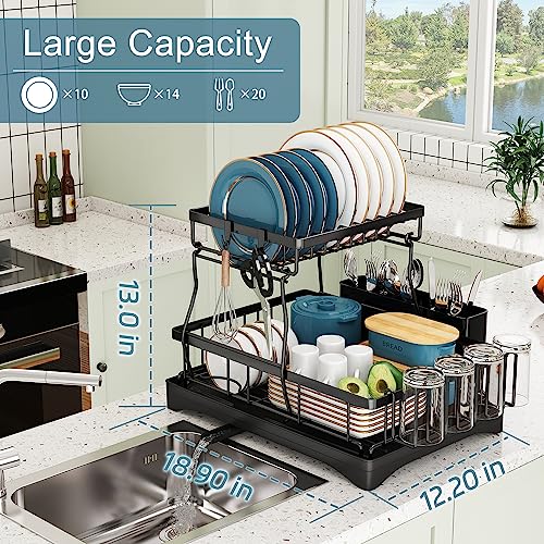 Doitsf Dish Drying Rack, 2 Tier Dish Racks for Kitchen Counter, Large Stainless Steel Kitchen Dish Drying Rack with Drainboard, Detachable Dish Drainers with Utensil Holders