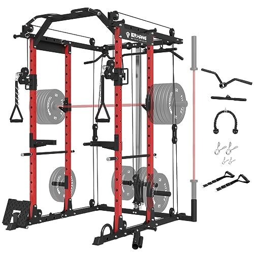 ER KANG Power Cage, 1500LBS Power Rack Cage with Cable Crossover System, Multi-Function Workout Weight Cage, Squat Rack Home Gym