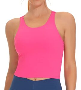 the gym people women's racerback longline sports bra removable padded high neck workout yoga crop tops bright pink