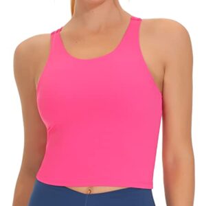 THE GYM PEOPLE Women's Racerback Longline Sports Bra Removable Padded High Neck Workout Yoga Crop Tops Bright Pink