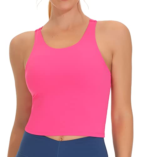 THE GYM PEOPLE Women's Racerback Longline Sports Bra Removable Padded High Neck Workout Yoga Crop Tops Bright Pink