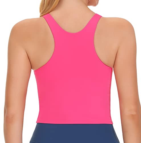 THE GYM PEOPLE Women's Racerback Longline Sports Bra Removable Padded High Neck Workout Yoga Crop Tops Bright Pink