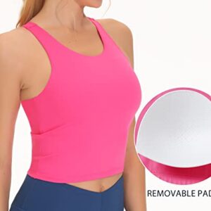 THE GYM PEOPLE Women's Racerback Longline Sports Bra Removable Padded High Neck Workout Yoga Crop Tops Bright Pink