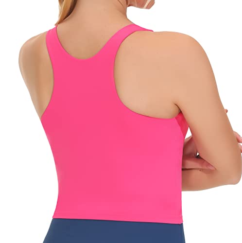 THE GYM PEOPLE Women's Racerback Longline Sports Bra Removable Padded High Neck Workout Yoga Crop Tops Bright Pink