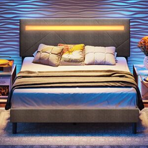 likimio full bed frame with led lights (smart app control) headboard, upholstered modern platform bed frame, no box spring needed/noise-free/easy assembly, dark grey