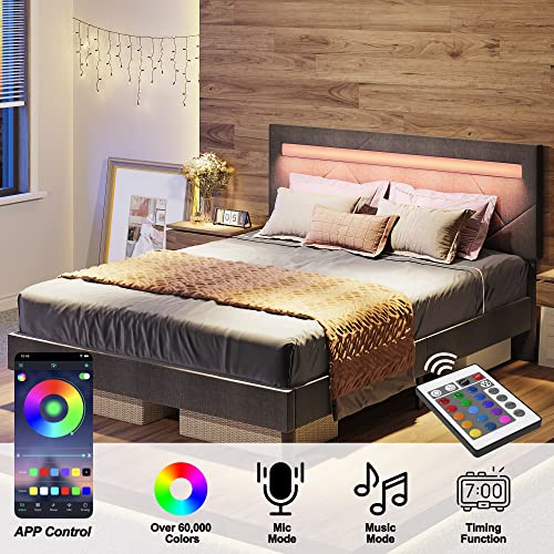 LIKIMIO Full Bed Frame with LED Lights (Smart APP Control) Headboard, Upholstered Modern Platform Bed Frame, No Box Spring Needed/Noise-Free/Easy Assembly, Dark Grey