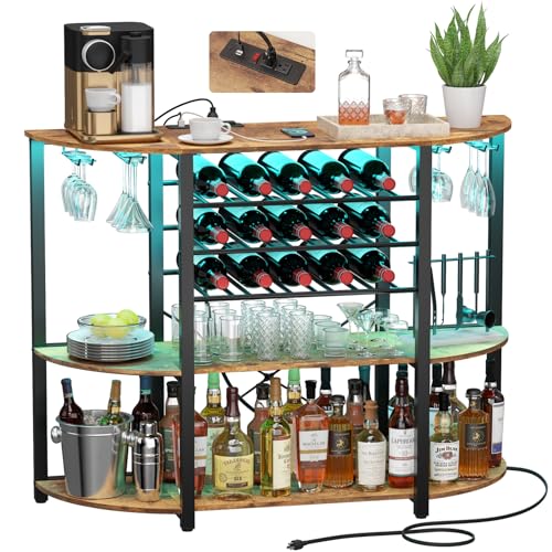 Lifewit Wine Rack Table, Liquor Bar Cabinet with Outlet and LED Light, Freestanding Floor Bar Table with Glass Holder and Wine Rack, Coffee Bar Stand for Home Kitchen Living Dining Room, Rustic Brown