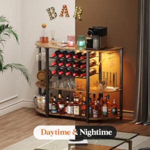 Lifewit Wine Rack Table, Liquor Bar Cabinet with Outlet and LED Light, Freestanding Floor Bar Table with Glass Holder and Wine Rack, Coffee Bar Stand for Home Kitchen Living Dining Room, Rustic Brown