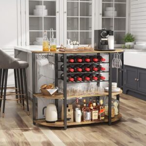 Lifewit Wine Rack Table, Liquor Bar Cabinet with Outlet and LED Light, Freestanding Floor Bar Table with Glass Holder and Wine Rack, Coffee Bar Stand for Home Kitchen Living Dining Room, Rustic Brown